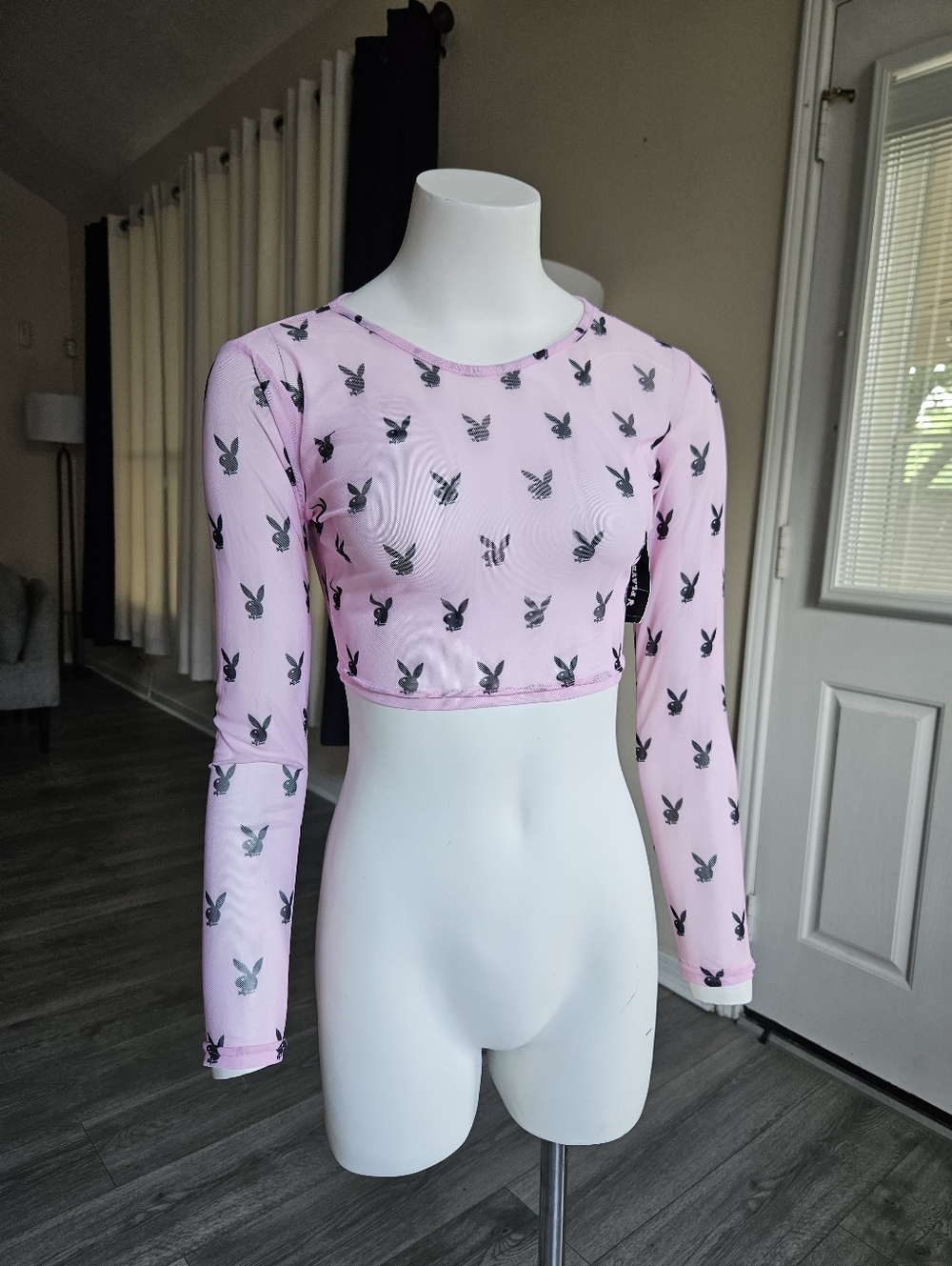 Playboy Pink Mesh Long Sleeve Crop Top Bunny Logo Size S/M, NWT - Picture 4 of 10